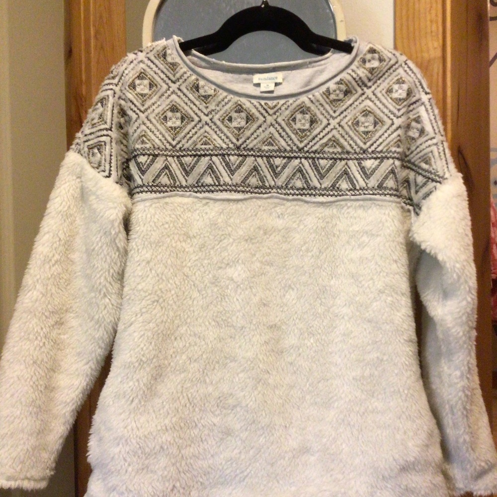 Sundance Cream Sherpa Crewneck Sweater with Gray Fair Isle Yoke